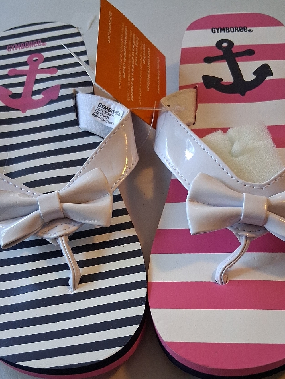 Summery For Girls Striped Anchor Flip Flops with Bow - Pink & Navy